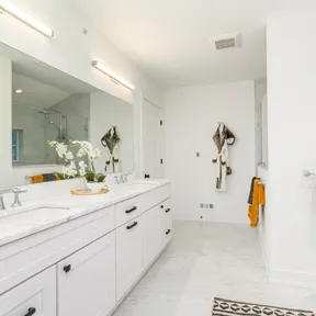 The primary bathroom at The Enclave at Chestnut Hill featuring double vanity, tub and shower