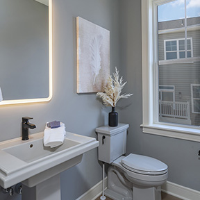 Hamilton model powder room featuring hardwood style flooring, toilet, pedestal sink and lighted mirror