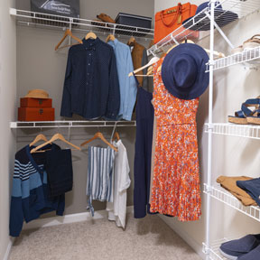 Reserve at Chalfont walk-in closet, in the Jordan model, with carpeting and shelving for storage