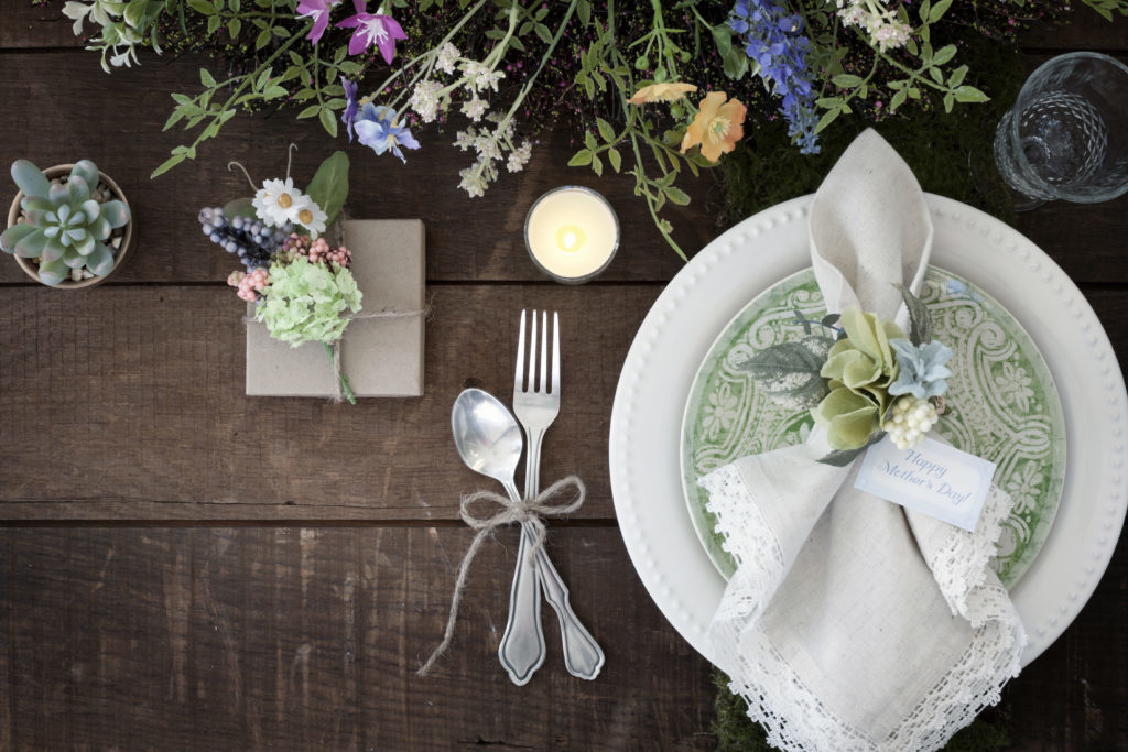 Mother's Day Dining Rustic Place Setting on Old Wood Background