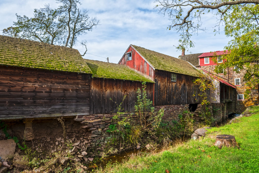 The exterior of the hstoric Stover-Myers Mill in Bucks County Pennsylvania.