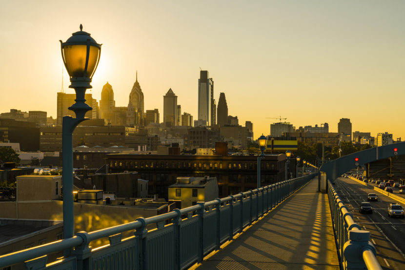 Philadelpia Downtown at sunset. The view from the Benjamin Franklin Bridge.